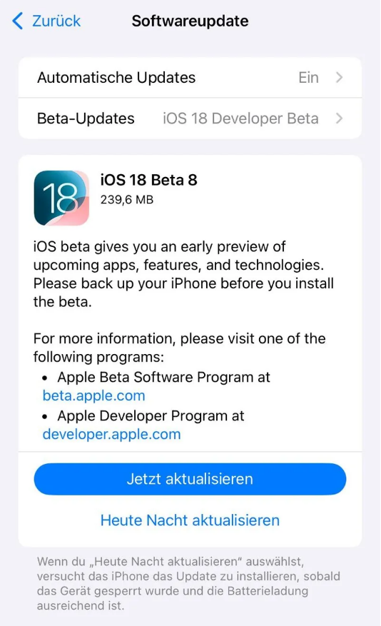 新青苹果手机维修分享苹果 iOS / iPadOS 18 开发者预览版 Beta 8 发布 